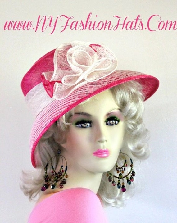 Kentucky Derby Hat, Hot Pink White Sinamay Straw Couture  display picture 2