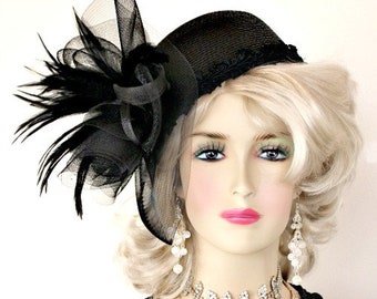 Damski czarny kapelusz koktajlowy z epoki vintage z lat 40. XX wieku, ślubny kapelusz typu toczek, NYFashionHats, do wyboru wełna lub słoma, warkocz na czapkę Rena