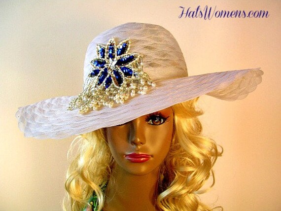 Women's White Royal Blue Designer Hat, Big Brim Dress Hat