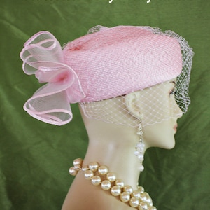 Classic Pink Pillbox Wedding Bridal Hat Women, Birdcage Russian Face Veil Pillbox Formal Hat, NYFashionHats, Formal Dress Church Sabbath Hat