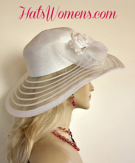 White Designer Wide Brim Bridal Wedding Fashion Hat, Women's Hats