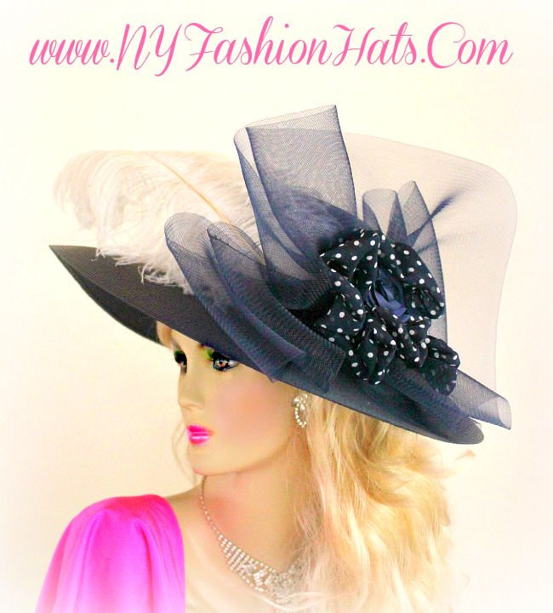 Navy Blue White Designer Wide Brim Hat Ladies Dress Tea Hats  display picture 2