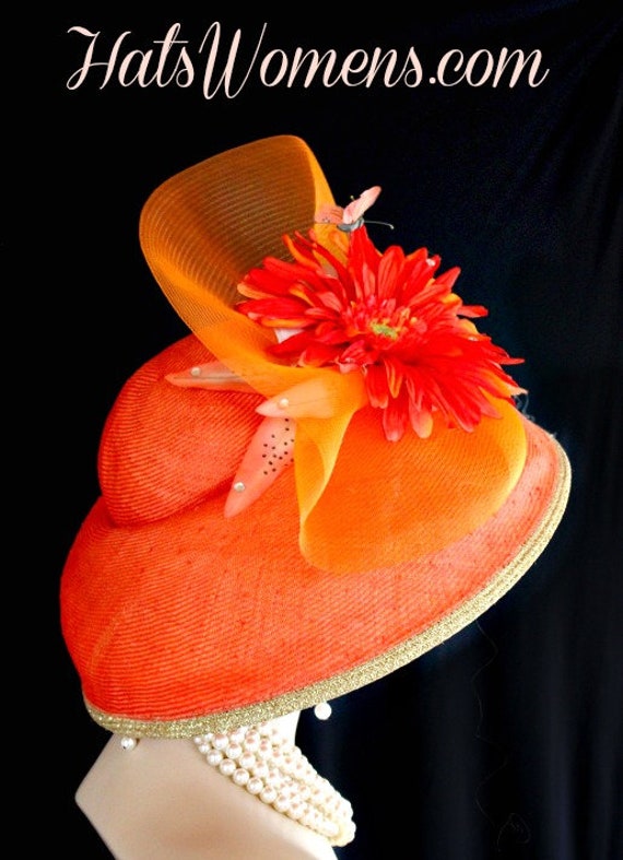 Ladies Coral Orange Metallic Gold Straw Lampshade Wide Brim  display picture 3