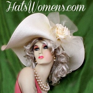 Women&#39;s Couture Designer Hats, Ivory Big Large Wide Brim Kentucky Derby Hat, Hats For Horse Races, NYFashionHats Custom Millinery For Women