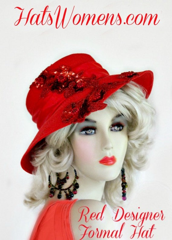 Red Satin Designer Fashion Hat With Sequin, Women display picture 2