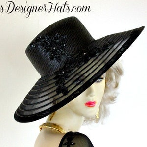 Elegant Black Big Brim Beaded Formal Hat, Couture Designer Hats For Women, NYFashionHats Millinery, Temple Church Dress Hat, Susan Ann