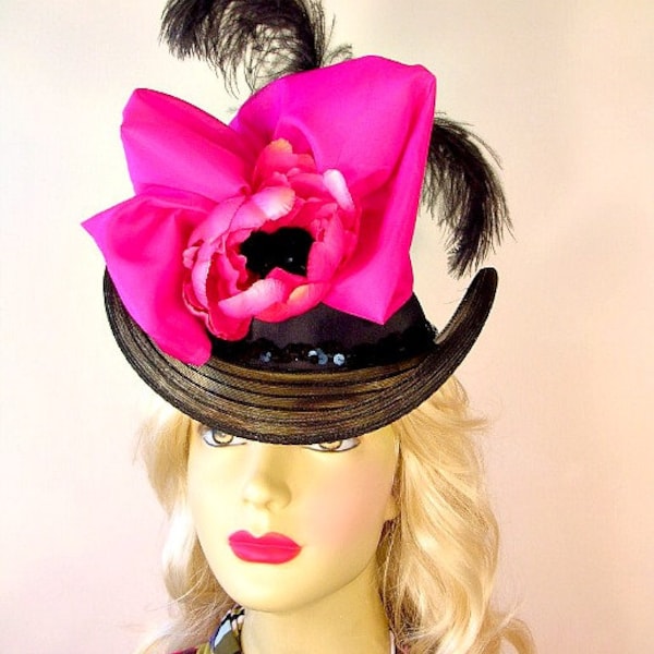 Women's Couture Designer Hats, Black Satin Victorian Edwardian Riding Hat, Carriage Driving Equestrian Dress Hat Headwear, Formal Hats Kira
