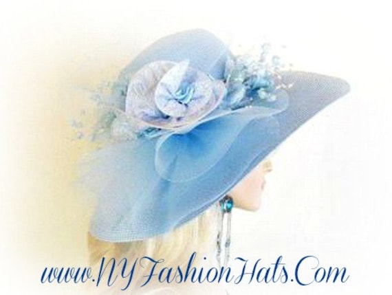Baby Blue Wide Brim Designer Hat With Silk Flowers, Ny  display picture 1