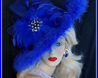 Avant Garde Royal Blue Big Brim Hat, Mother Of The Bride Hat, Haute Couture Designer Hats NY Fashion Hats, Formal Wedding Church Dress Hat