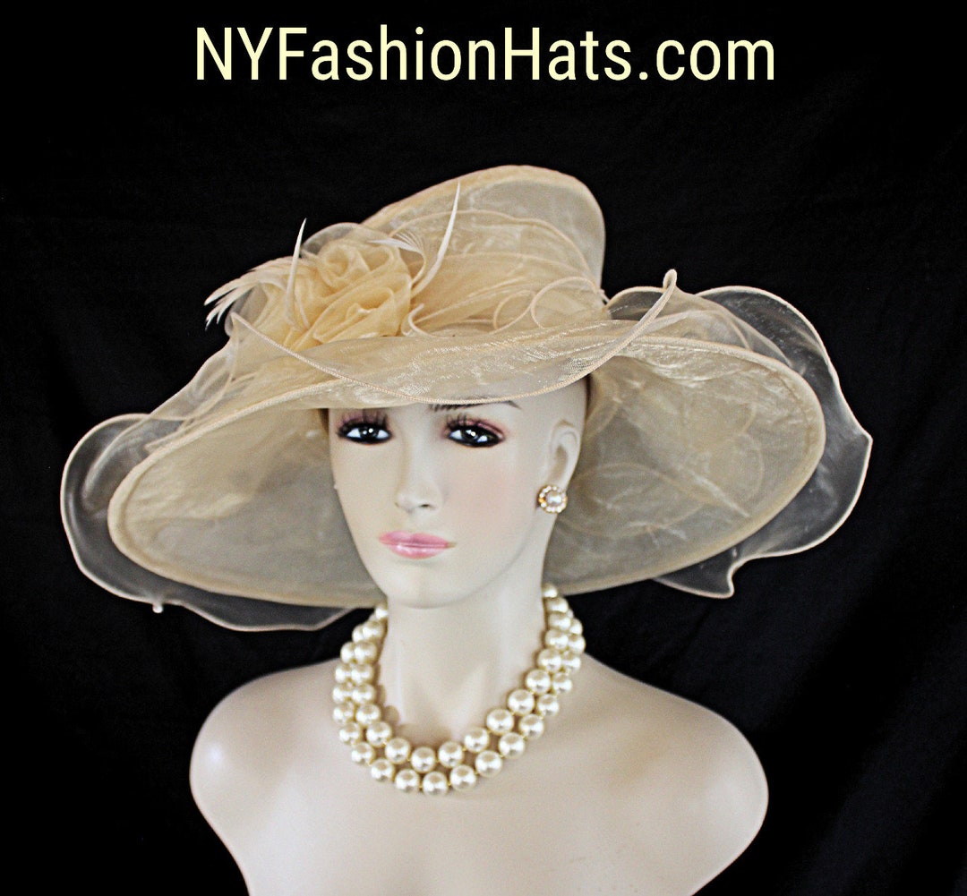 Beige Big Ruffle Brim Organza Wedding Brida Hat, Formal Dress Hat ...
