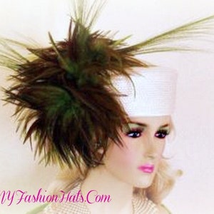 Avant Garde Luxurious Feather Pillbox Hat, Ivory Beige Lime Olive Green Brown Occasion Hat, NYFashionHats Haute Couture Millinery Hat, Rio