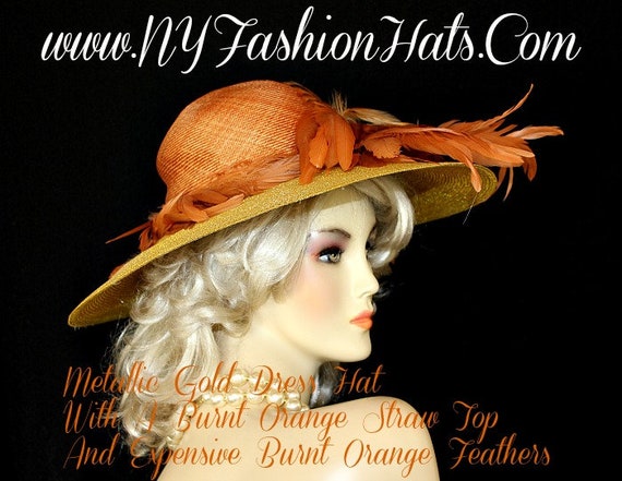 Burnt Orange Straw Metallic Gold Designer Hat for Women Fashion