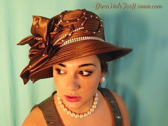 Formal Brown Satin Couture Designer Hat, Church Hats, Kentucky