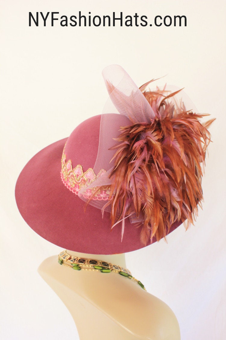 Elegant Purple Feathered Women\'s Dress Hat from Boutique Kate’s Canada Ladies Purple White Wide Brim Church Wedding Designer  main image 2