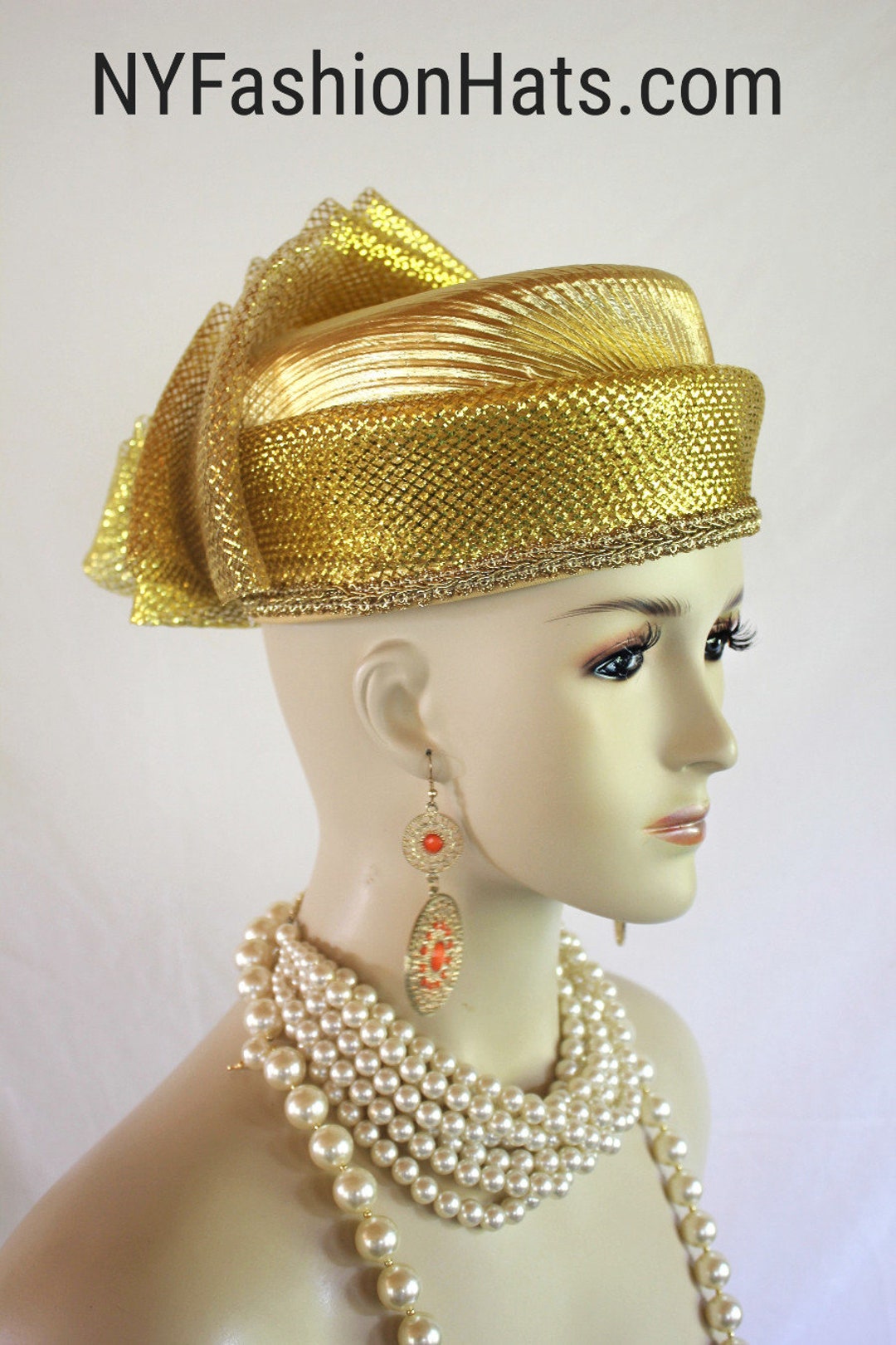 Metallic Gold Lame Pillbox Dress Hat, Couture Designer Hats, Hats for