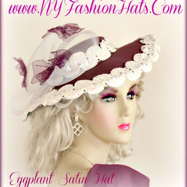 Ladies Eggplant Purple Satin Hat Butterflies Fashion Tea Designer Hats I9q2