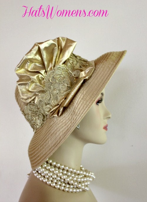 Antique Metallic Gold Satin Designer Fashion Women's Hat Church Wedding Formal Hats