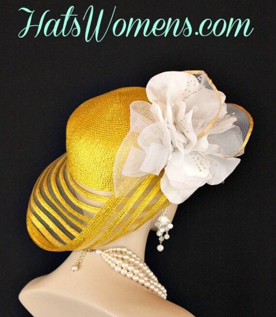 Metallic Gold White Wide Brim Designer Fashion Wedding Hat  display picture 3
