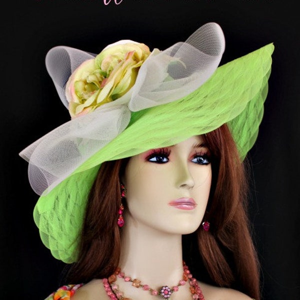 Woman's Lime Kelly Celery Green Ivory Wedding Bridal Hat Church Hats