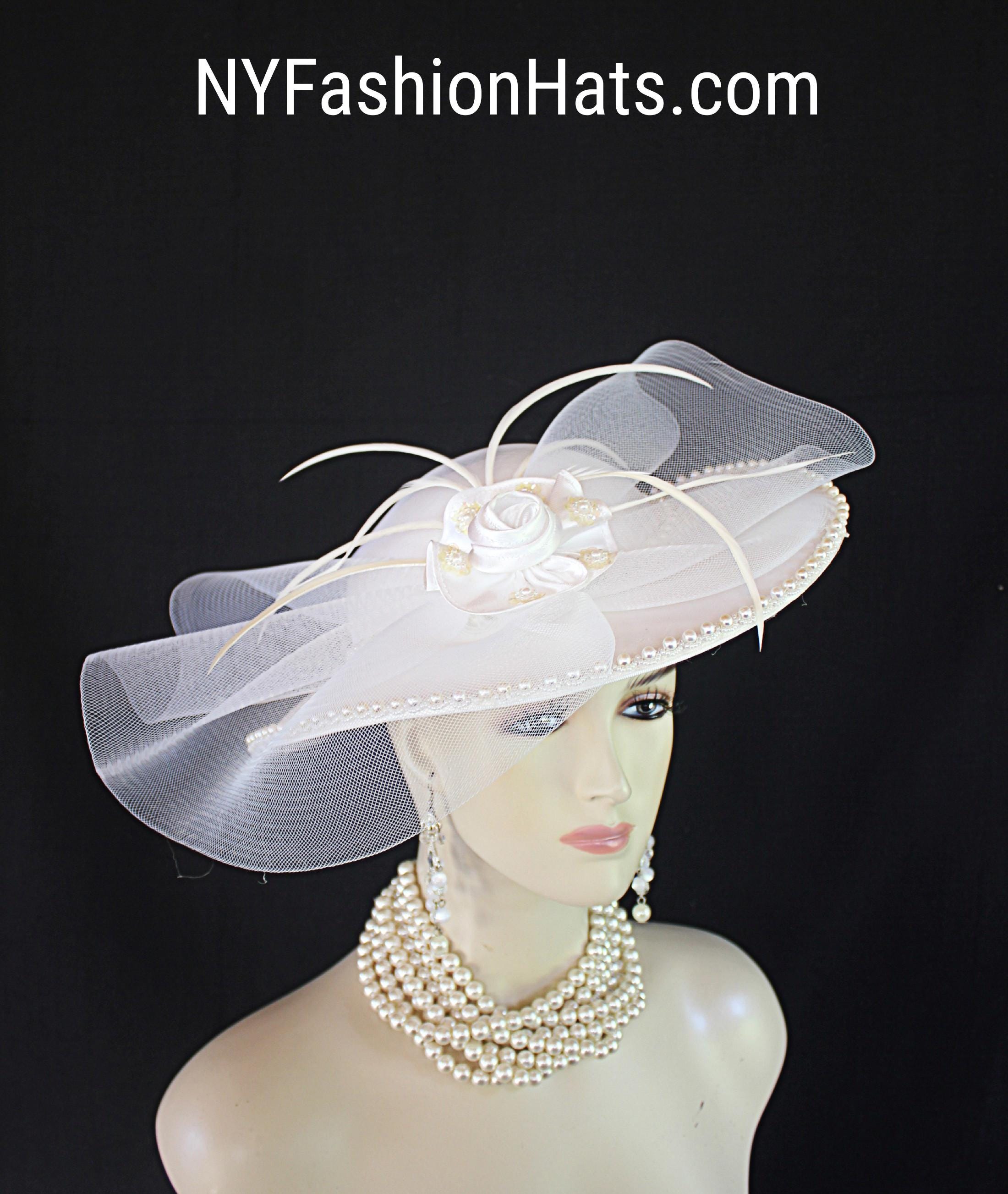Stunning NWT White Satin Church/ Dress/Bridal Hat Fancy Ladies Satin Formal Church Wedding Hats SD718 main image 3
