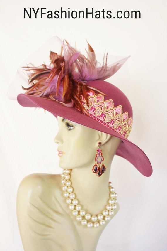 Couture Designer Statement Feather Dress Hat, Mauve Violet  display picture 2
