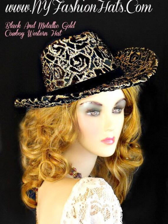 Ladies Black and Metallic Gold Designer Western Cowboy Hat  display picture 1
