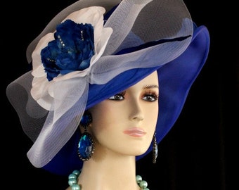 Ladies Royal Blue White Formal Wedding Hat, Haute Couture Designer Hats Women, Dress Church Bridal Bride Hat, NY Fashion Hats Millinery