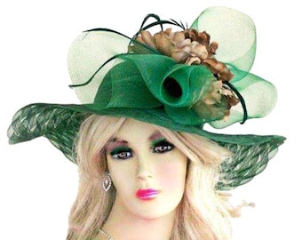 Women's Emerald Green Brown Haute Couture Designer Hat, Hats For Wedding Guest Brides, Mother Of The Bride Hat, Fashion Church Dress Hat