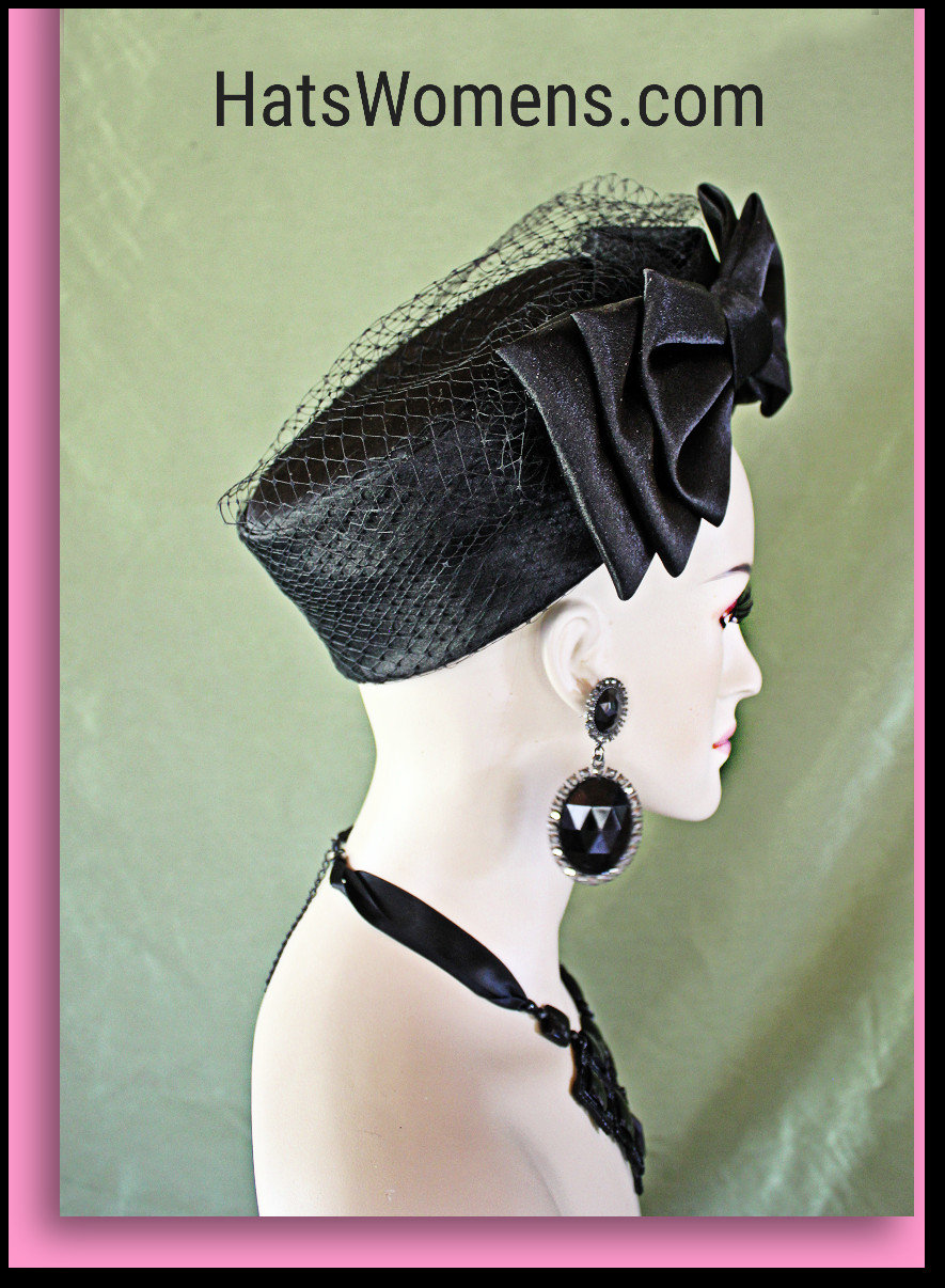 Pillbox Wedding Bridal Hat, Black Satin Pillbox Formal Hat, Church