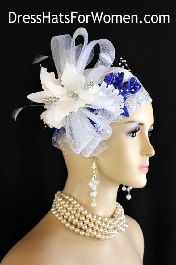 White Silver Royal Blue Satin Rhinestone Cloche Pillbox  display picture 1