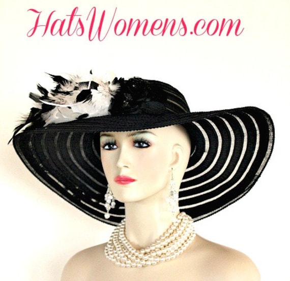 Ladies Black White Wide Brim Church Wedding Designer Fashion 