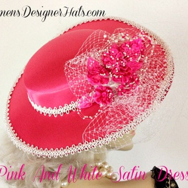 Women's Hot Pink White Satin Wedding Church Fashion Hat, Brides Weddings 7kw2