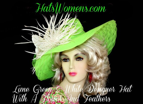 EUC Vintage Lime Green Wide Brim Hat Handmade Millinery hat M23157S ( Lime Green/Pink/Ivory ) Kentucky Derby hat, Church  main image 4