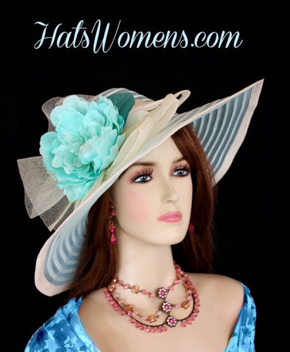 Kentucky Derby Hat Ivory Aqua Turquoise Blue Teal Woman