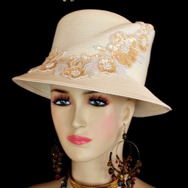 Designer Hats For Weddings Formal Dress, Haute Couture Dress Hat, Luxury Hats For Women, Ivory Gold Beige Sequin Bridal Headpiece, Jane