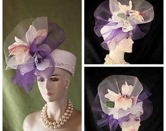 Ivory Beige Purple Pillbox Dress Hat, Formal Wedding Fashion Bridal Hat, Women's Couture Designer Church Hats, NYFashionHats Millinery