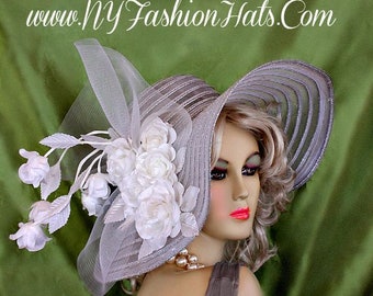 Sombrero de ala grande transparente plateado metálico y blanco, sombreros de alta costura de oro metálico para mujeres, NYFashionHats, sombreros para carreras de caballos, Ida