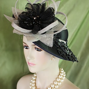 Black Satin Metallic Silver Haute Couture Statement Hat, Gray Sinamay Straw Formal Hat, Horse Races NYFashionHats Millinery Headwear Apparel