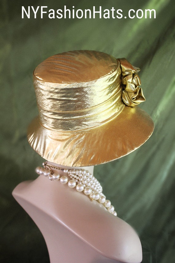 Metallic Gold Small Brim Lame Dress Hat, Couture Designer  display picture 1