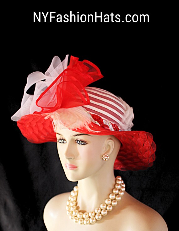 Haute Couture Red White Designer Luxury Hat, Women