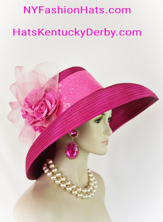 Haute Couture Fuchsia Pink Big Brim Satin Designer Hat 