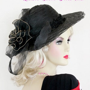 Black Handmade Scallop Brim Designer Hat, Hat For Formals, Women&#39;s Black Gold Dress Wedding Hat, Ny Fashion Hats