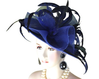 Royal Blue Formal Large Brim Dress Hat, Avant Garde Hats, Haute Couture Designer Hat, NYFashionHats Wedding Bridal Hat, Hats For Horse Races