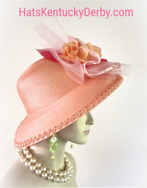Vintage hat pink / peach color clip on Couture Statement Peach Pink Wedding Hat for Women, Hats for  main image 2