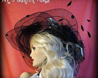Big Brim Sheer Black And Metallic Gold Formal Hat, Hats For Horse Races, Women's Couture Designer Statement Hat, Wedding Hat, NYFashionHats