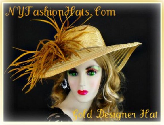 Ladies Antique Gold Feathered Kentucky Derby Hat, Hats for  display picture 1