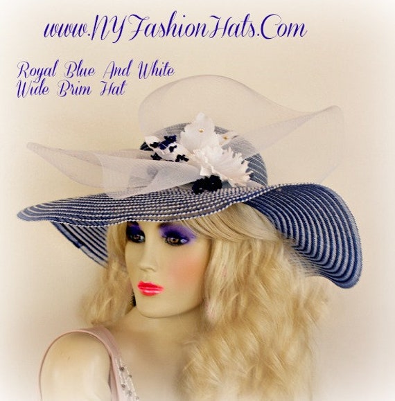 NEW WITH TAGS Navy Blue with White Lace Trim Floral Wide Brim Elegant Hat Royal Ascot Hat, Kentucky Derby Hat, Navy Blue Hat  main image 2