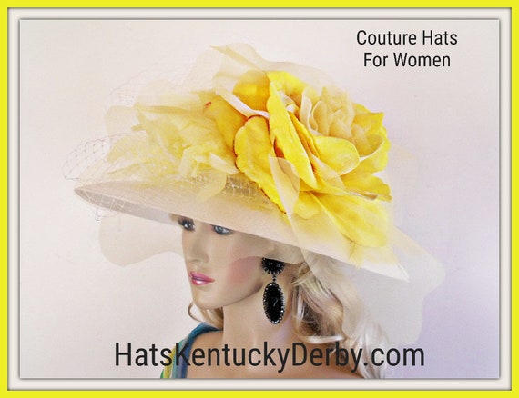 Motf Premium Couture Designer White Yellow Big Flower Hat, Wedding