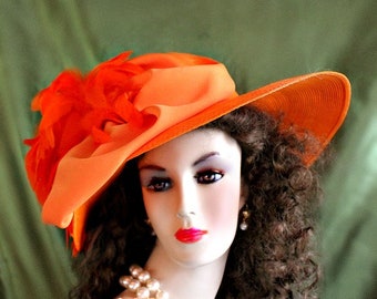 Ladies Orange Straw Braid Designer Dress Hat, Kentucky Derby  display picture 2