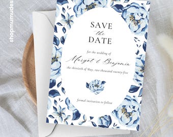 Blue Floral Save the Date Template | Elegant Wedding Card (Instant Download)